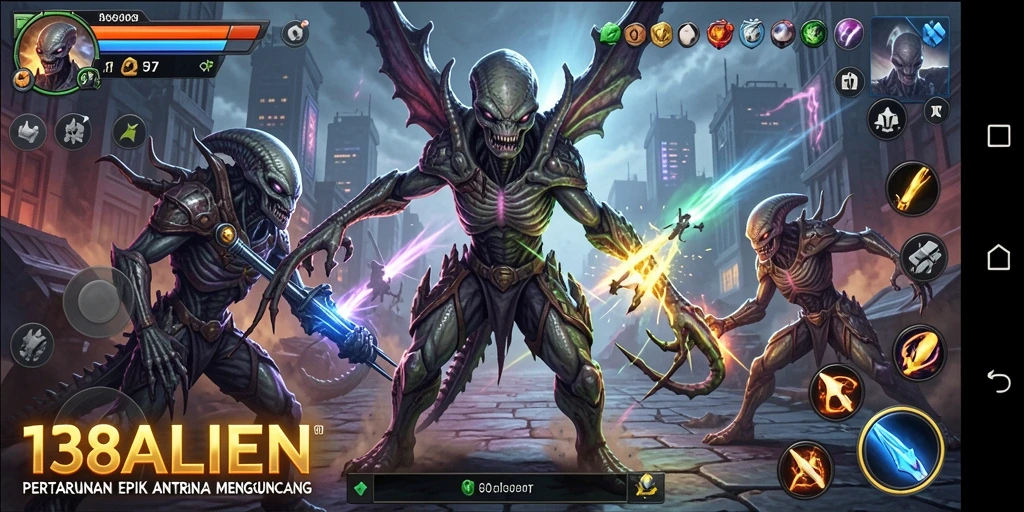Screenshot gameplay <strong>138ALIEN</strong> menampilkan karakter alien bertarung dengan latar belakang futuristik.