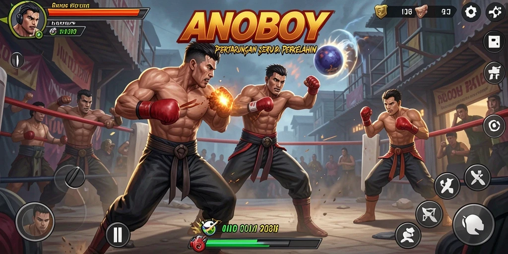 Screenshot gameplay ANOBOY dengan pertarungan intens.