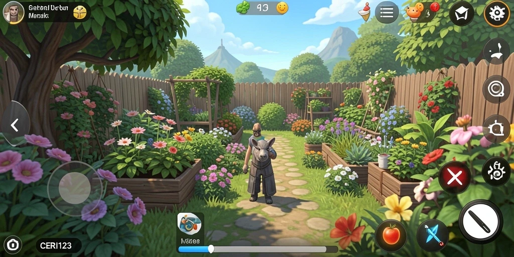 Screenshot CERI123 menampilkan pemandangan ladang yang asri dan penuh warna.