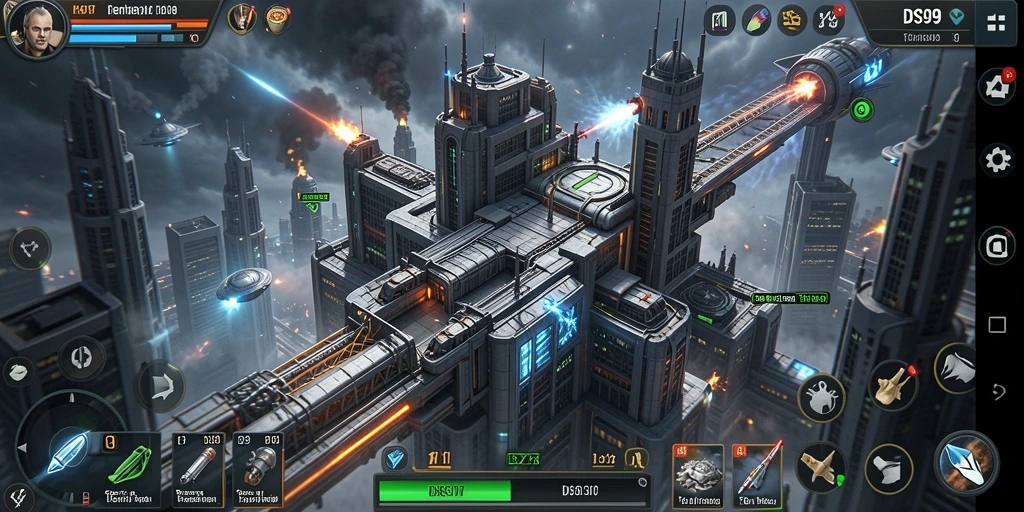 Tampilan gameplay DS99 yang mendebarkan dengan menara strategis dalam aksi.
