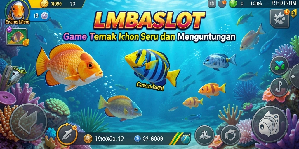 Tampilan gameplay LMBASLOT dengan menembak ikan berwarna-warni.