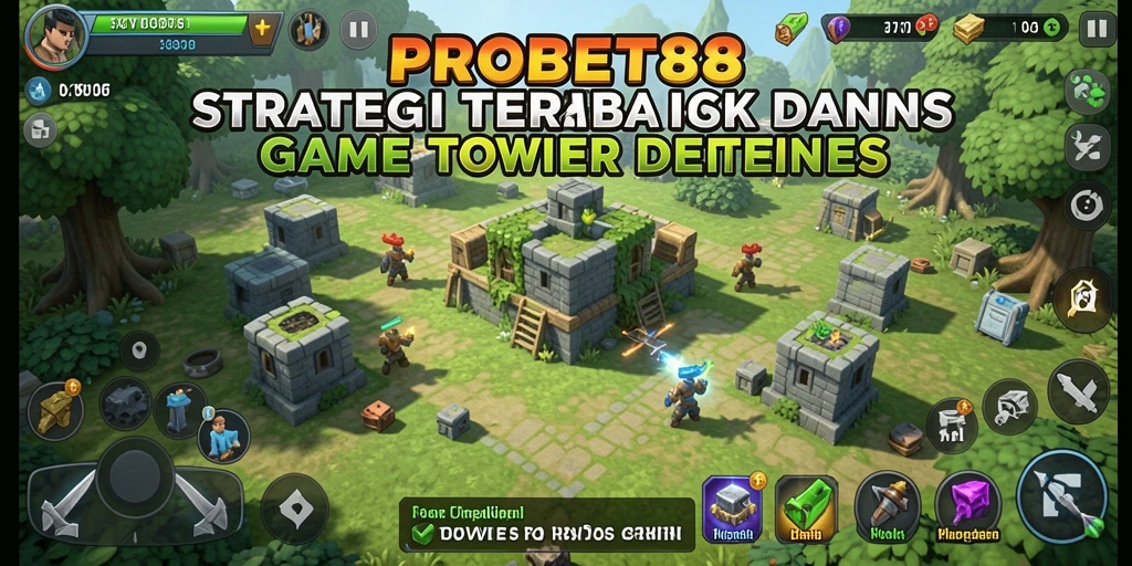 Screenshot gameplay PROBET88 menunjukkan pertahanan tower yang sedang bertempur melawan musuh.