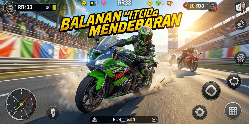 Screenshot gameplay RR33 menampilkan aksi balapan motor yang intens.
